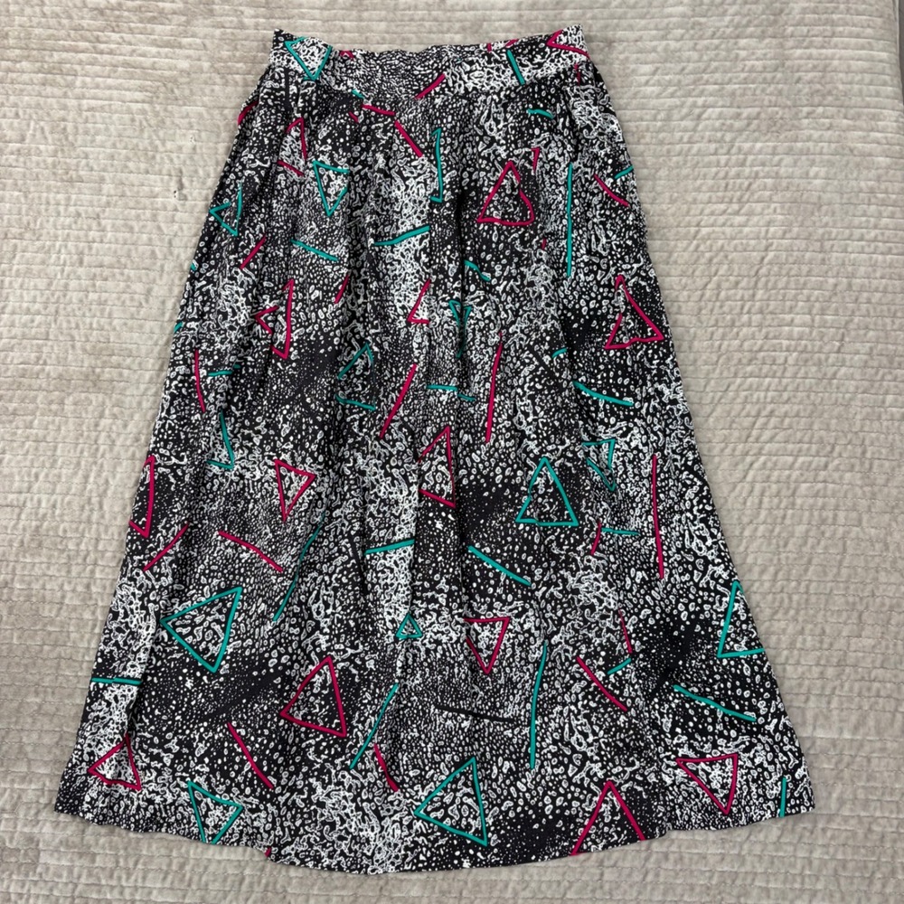 Vintage Greenwich Square 80s Geometric Neon Midi Skirt Black White Rayon 11-12